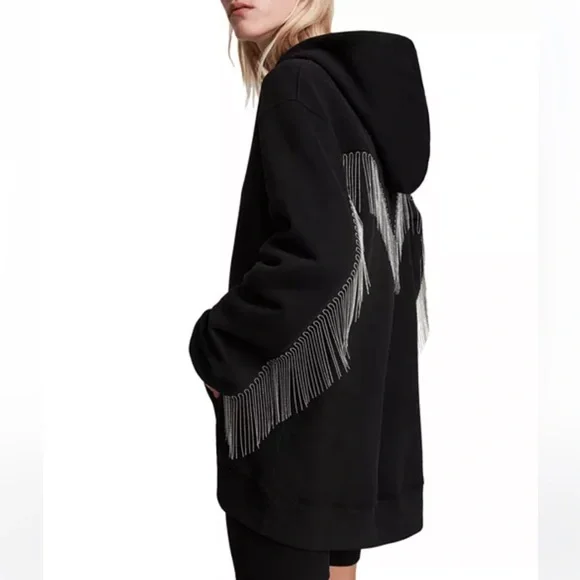 All Saints Giselle Chain Fringe Black Hoodie M - Picture 1 of 12